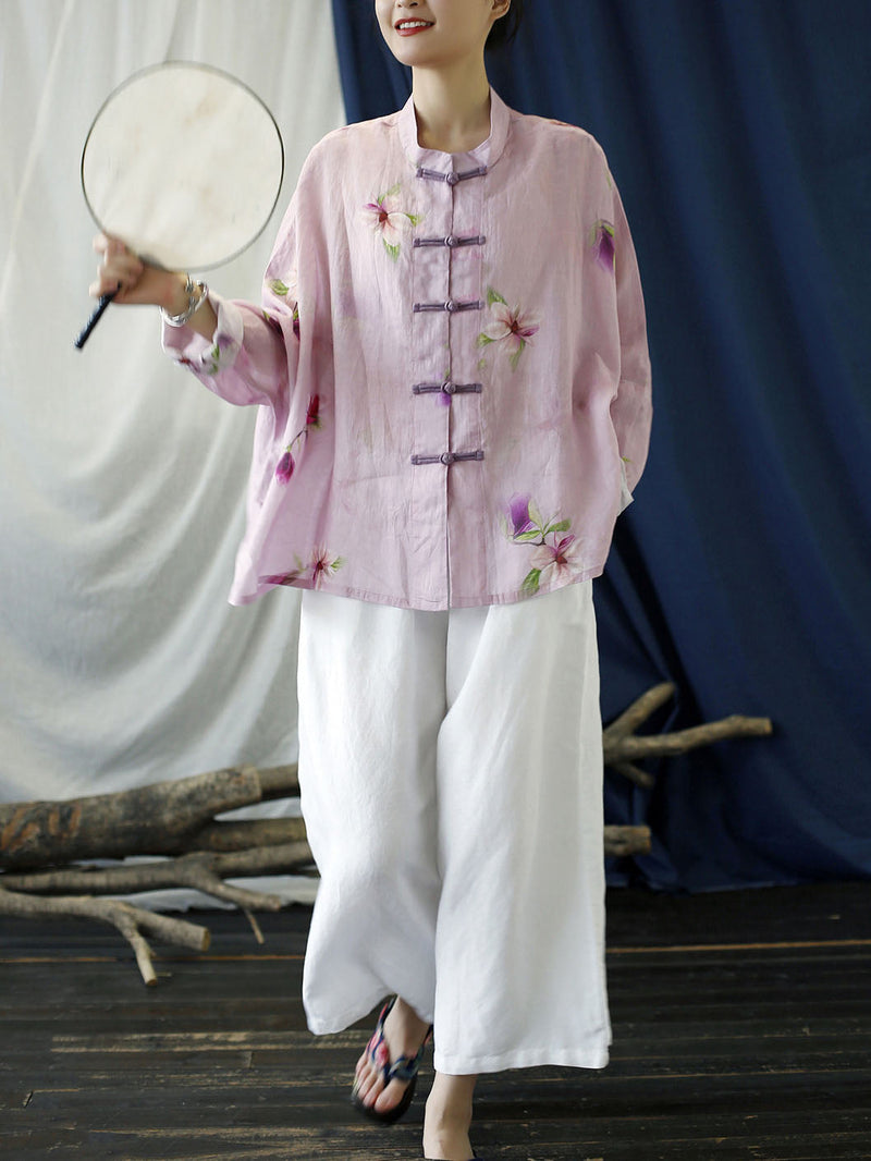 Flower Pink Spring Ramie Shirt Coat Pp1051