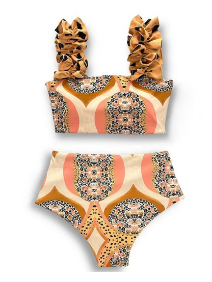 Ruffle Shoulder High Waist Bikini Swimsuit and Skirt