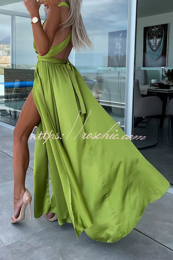 Different Effects Satin Free Tie Neck Slit Maxi Dress