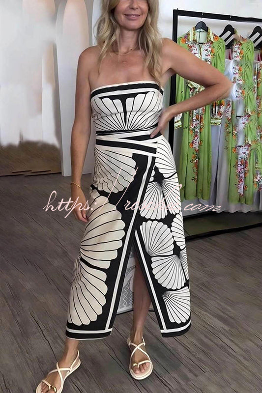 Shell Print Off-the-shoulder High Slit Slim Midi Dress
