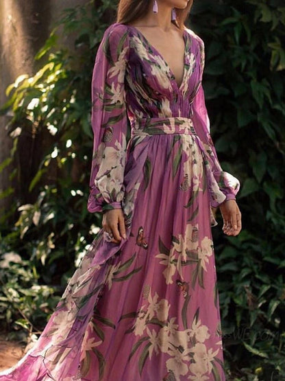 Printed Dress V-neck Long-sleeved Large Skirt