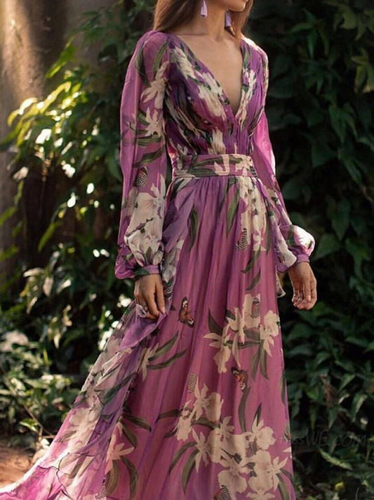 Printed Dress V-neck Long-sleeved Large Skirt