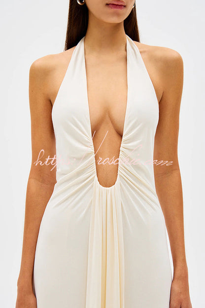 Silhouette Deep U-neck Halter Waterfall Sash Drape Maxi Dress