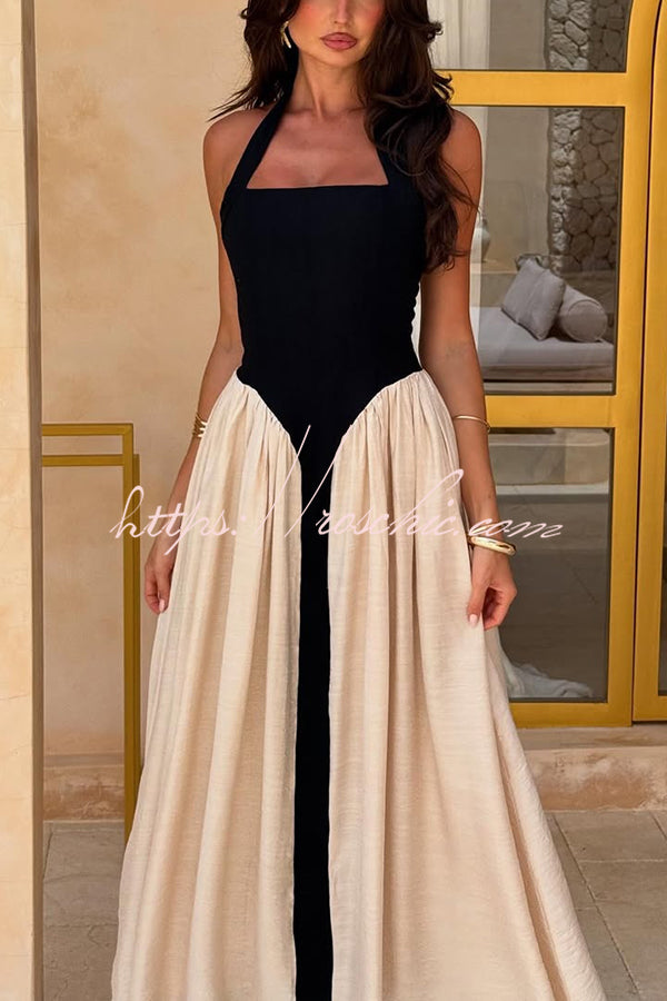 Contrast Color Stitching Sleeveless Backless Slim Maxi Dress