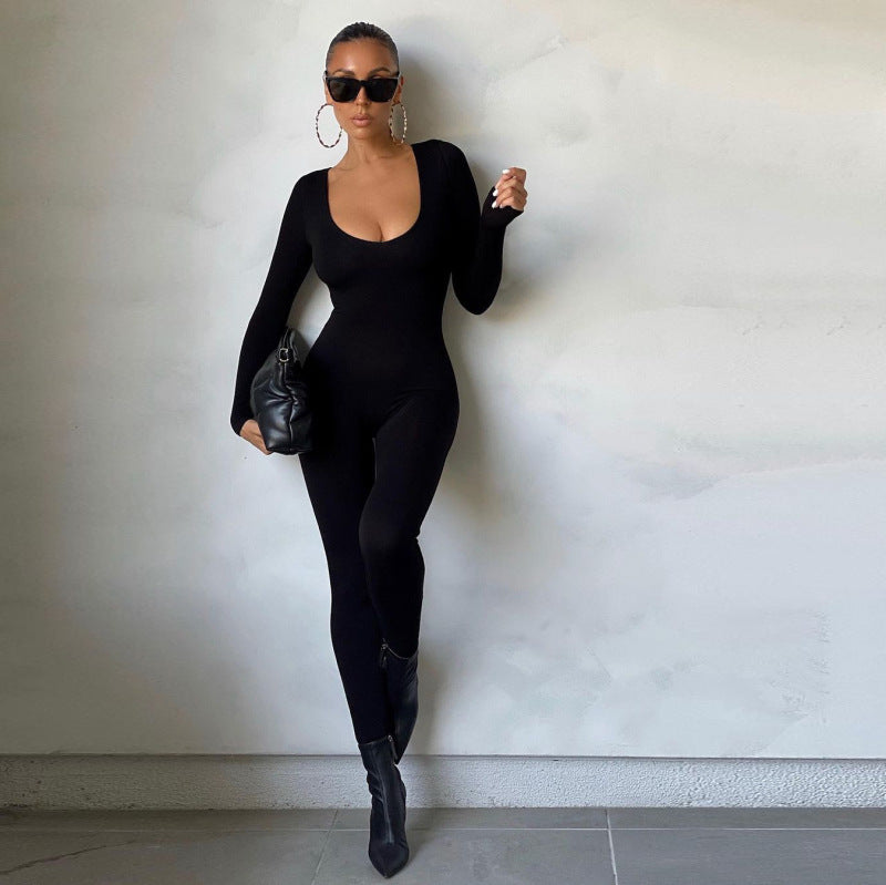Clothing Autumn Long Sleeve Slim Fit Hip Raise Leggings Jumpsuit for