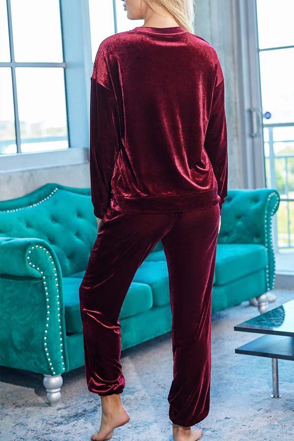 Red Velvet Round Neck Top \u0026 Drawstring Pants Longe Set