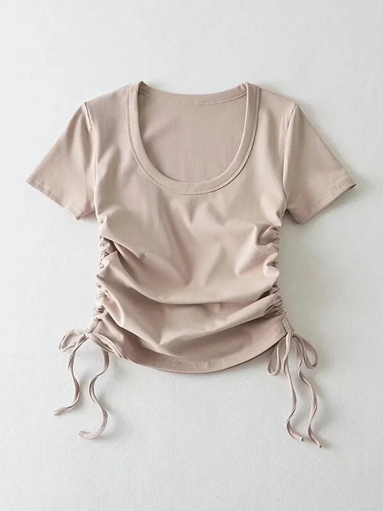 Slim ’s Crop Tops Summer Short Sleeved Crewneck Side Drawstring Bottoming Shirt T-shirt Top