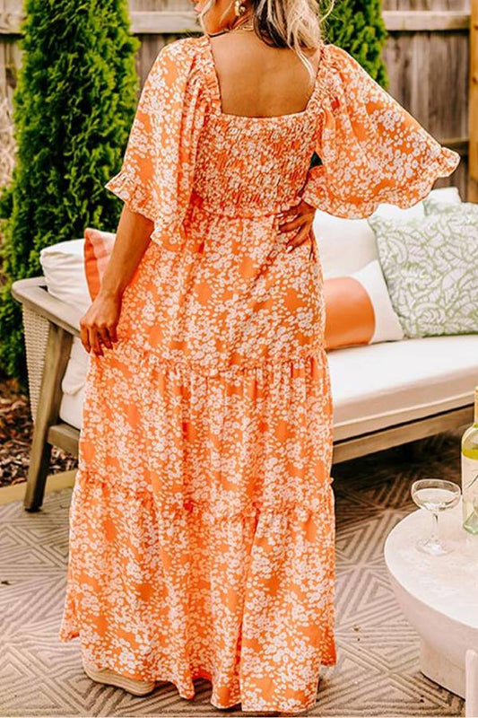 Orange Print Smocked V Neck Bell Sleeve Maxi Dress