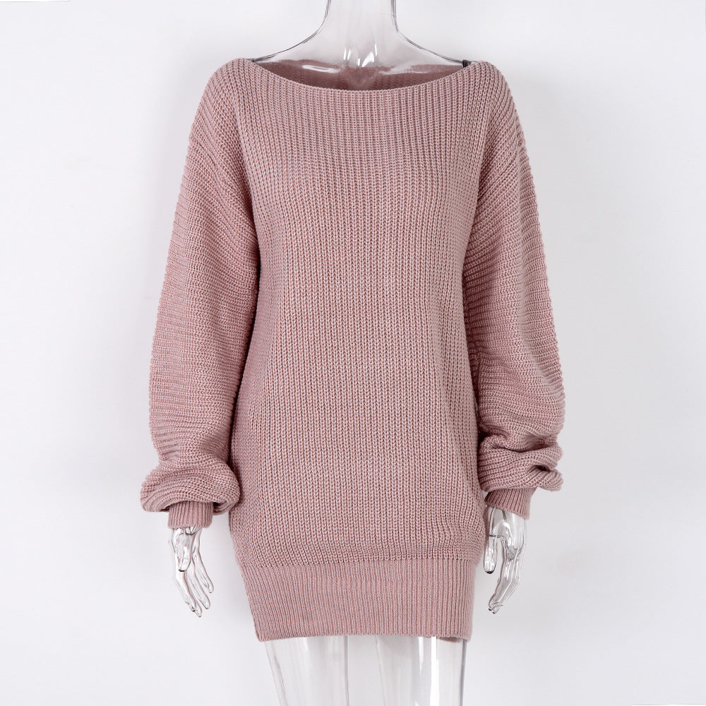 Autumn Winter Long Sleeve Off Shoulder Loose Knitted Sweater Dress Clothing