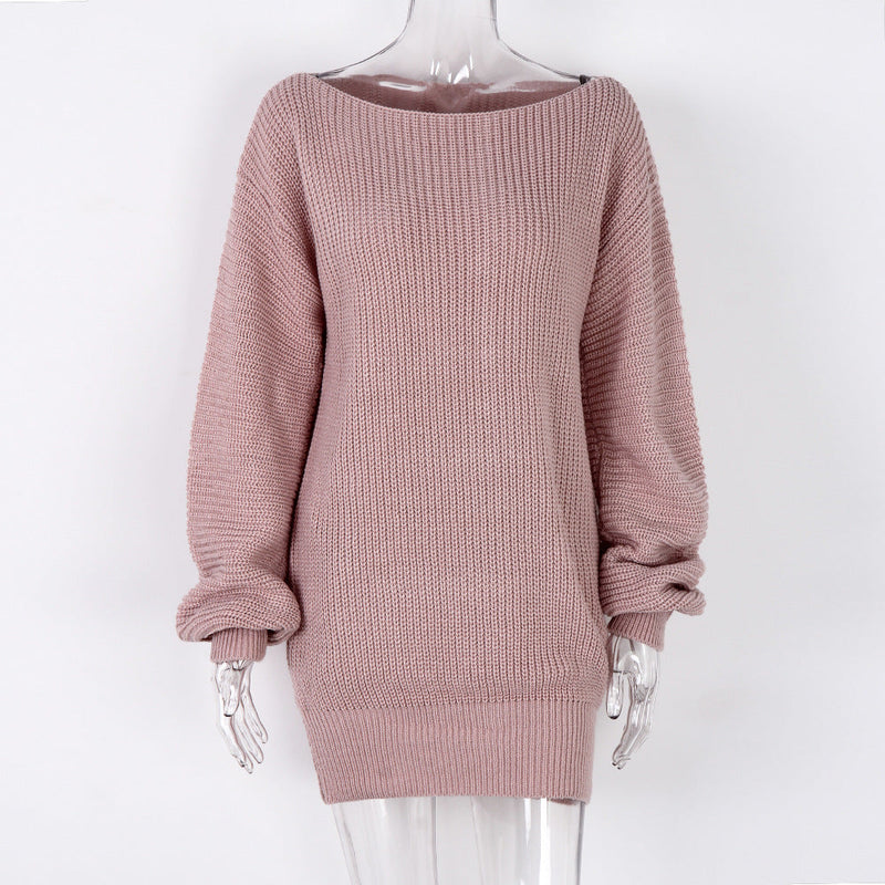 Autumn Winter Long Sleeve Off Shoulder Loose Knitted Sweater Dress Clothing