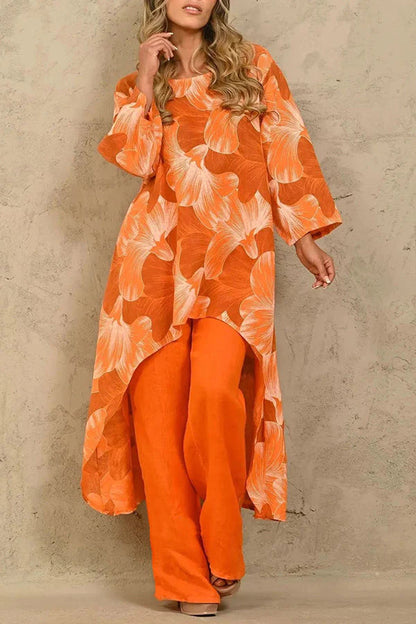 Exquisite Print Crew Neck Paneled Pant Suit