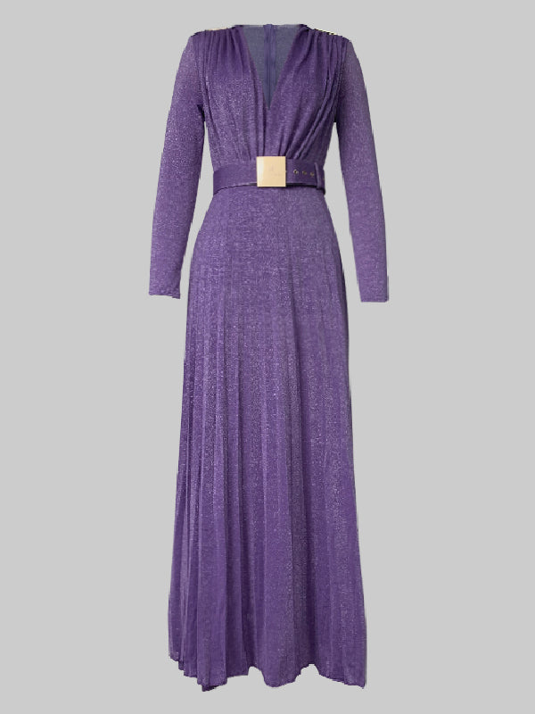 Long Sleeves Wrap Belted Pleated Color Split-side V-neck Evening Dresses Maxi Dresses