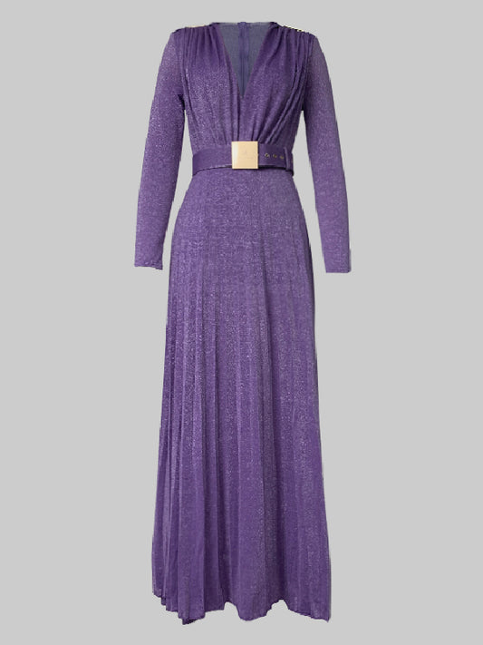 Long Sleeves Wrap Belted Pleated Color Split-side V-neck Evening Dresses Maxi Dresses