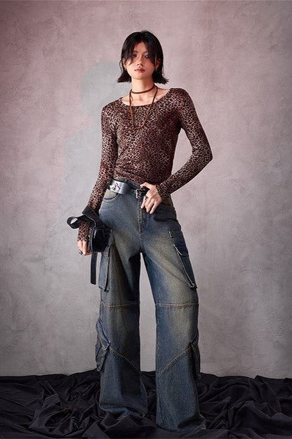Leopard Print U-neck Slim Long-sleeve Blouse