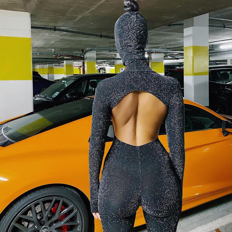 Spring Long Sleeve High Neck Backless Hip Raise Skinny Sports Jumpsuit