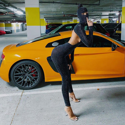 Spring Long Sleeve High Neck Backless Hip Raise Skinny Sports Jumpsuit