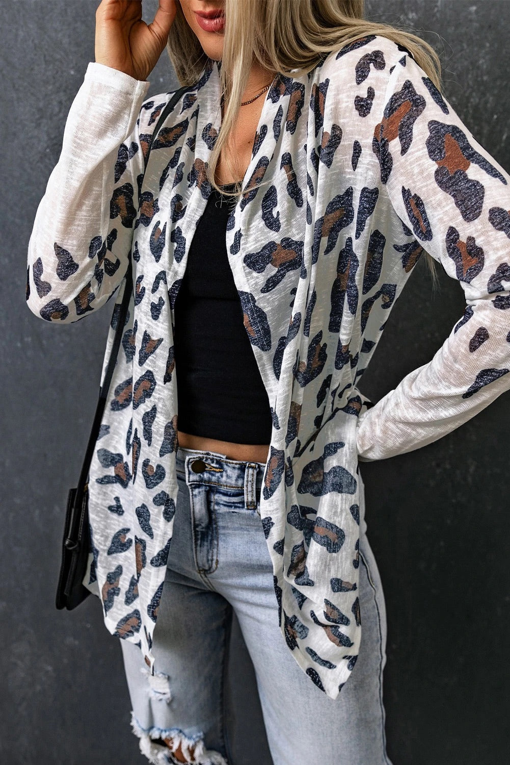 White Leopard Print Open Front Cardigan