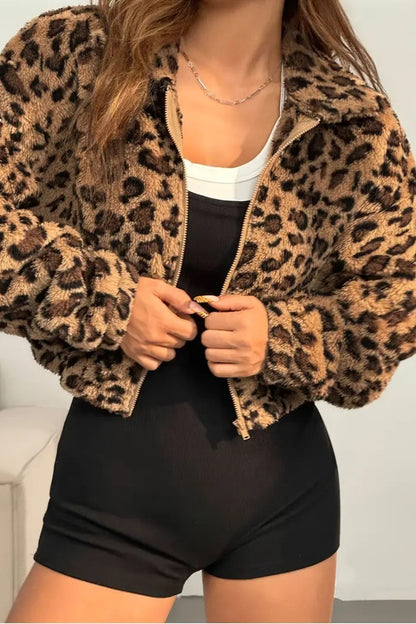 Leopard Print Hooded Zip-up Coat