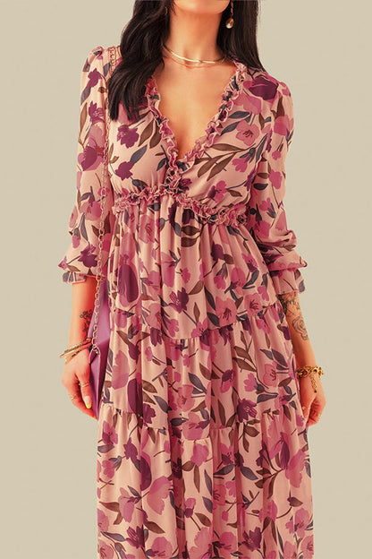 Pastel Red Print Ruffle Trim Plunge Neckline Maxi Dress