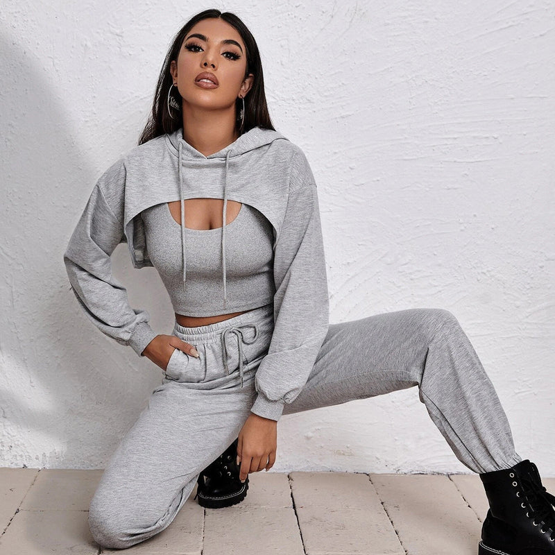 Clothing Autumn Winter Sports Drawstring Hoodie Loose Bandage Dress Short Small Sling Vest Sweater Two-piece Suit