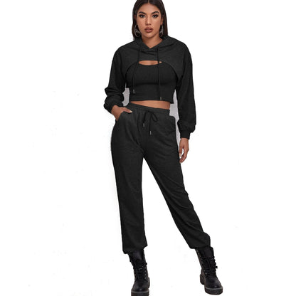 Clothing Autumn Winter Sports Drawstring Hoodie Loose Bandage Dress Short Small Sling Vest Sweater Two-piece Suit