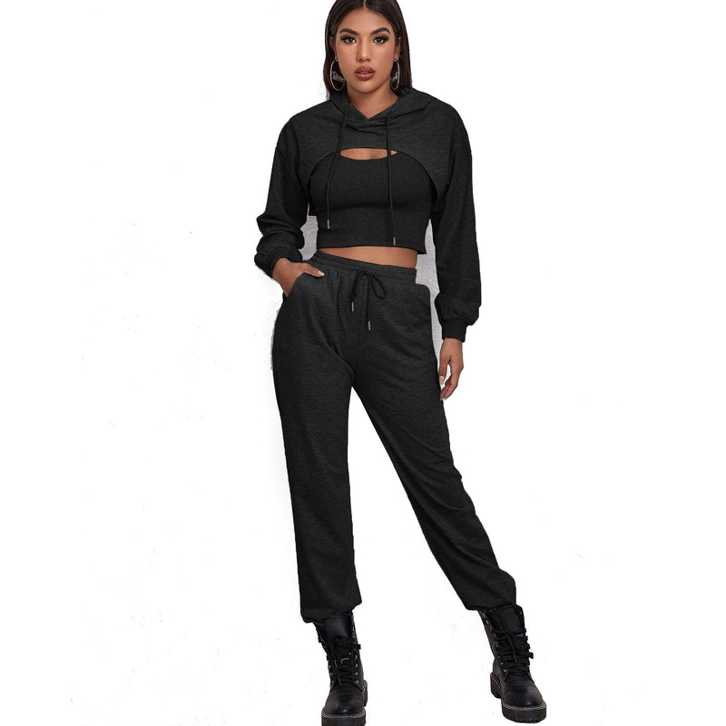 Clothing Autumn Winter Sports Drawstring Hoodie Loose Bandage Dress Short Small Sling Vest Sweater Two-piece Suit