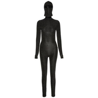 Spring Long Sleeve High Neck Backless Hip Raise Skinny Sports Jumpsuit