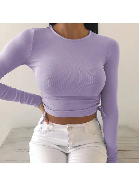O-neck Long Sleeve Bodycon Cropped Tops Autumn Irregular Drawstring Bandage Knitted T-shirt