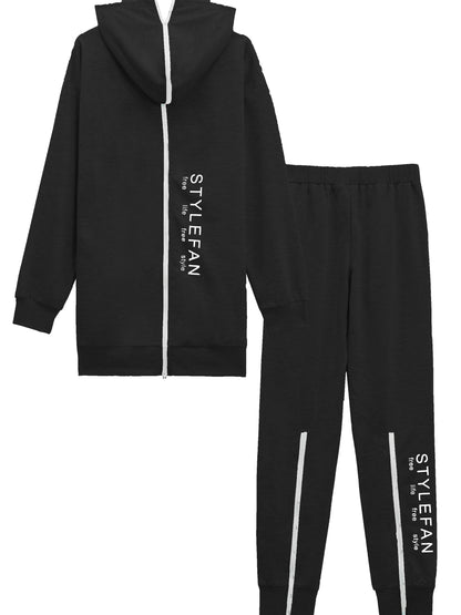Zipper Back Drop Shoulder Hoodie & Elastic Waist Pants Outfits Fy8741
