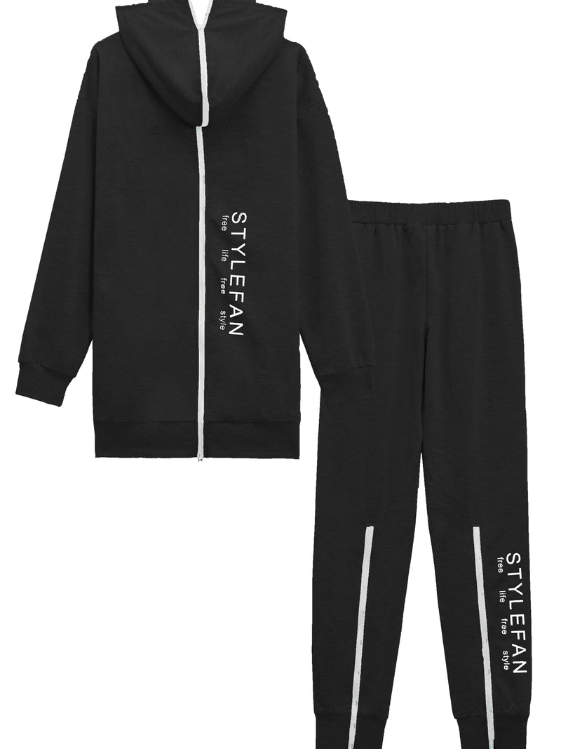 Zipper Back Drop Shoulder Hoodie & Elastic Waist Pants Outfits Fy8741