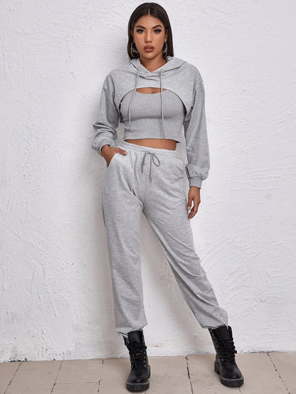 Clothing Autumn Winter Sports Drawstring Hoodie Loose Bandage Dress Short Small Sling Vest Sweater Two-piece Suit