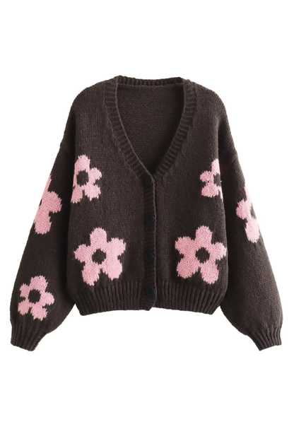 V-neck 3d Intarsia Lazy Style Knitted Sweater Coat