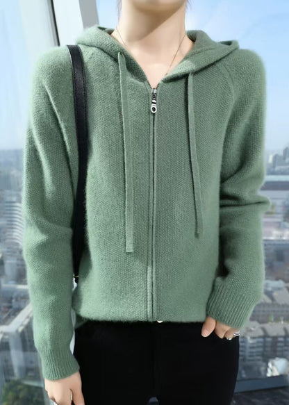 Beige Hooded Zippered Cotton Knit Coat Fall Qx027