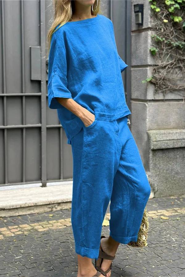 Color Crewneck Top \u0026 Pants Cotton Linen Two-piece Set