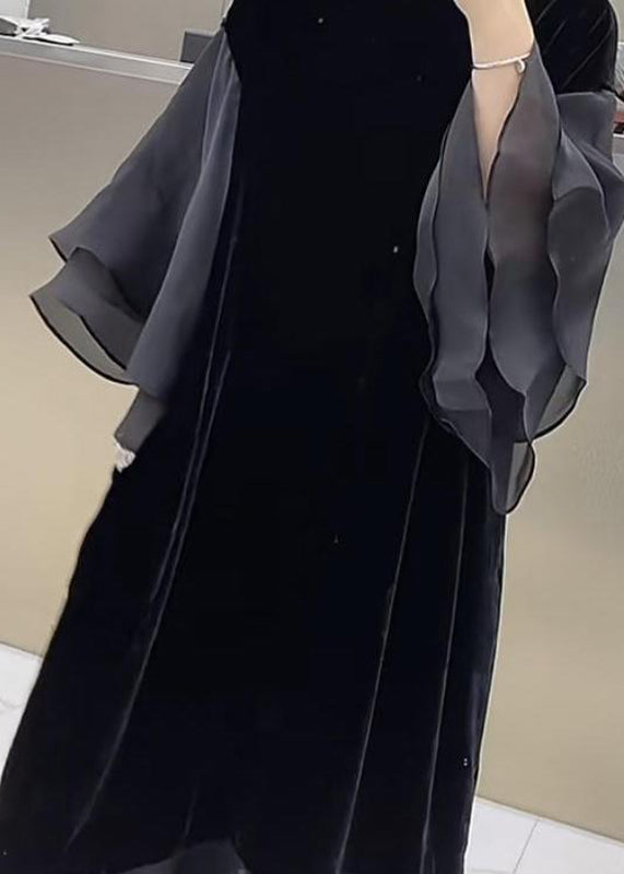 Black O-neck Patchwork Silk Velvet Maxi Dress Butterfly Sleeve Wd032