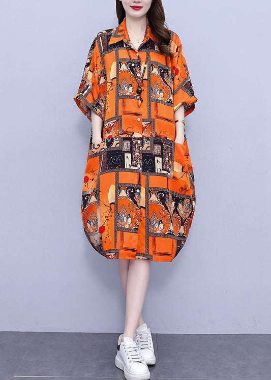 Orange Pockets Cotton Blouses Dress Peter Pan Collar Summer Nn026