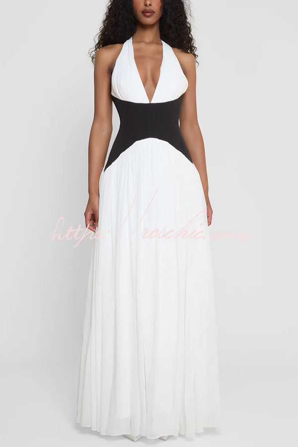 Fashionable Color Matching Halter Neck Waist Maxi Dress