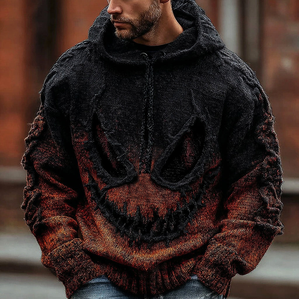 Men's Halloween Spooky Face Gradient Inspired Knitted Distressed Hooded Sweater elevenforest