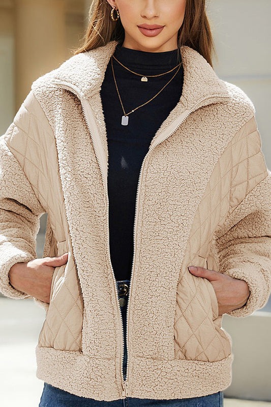 Long Sleeve Cardigan Zipper Plush Patchwork Jacket