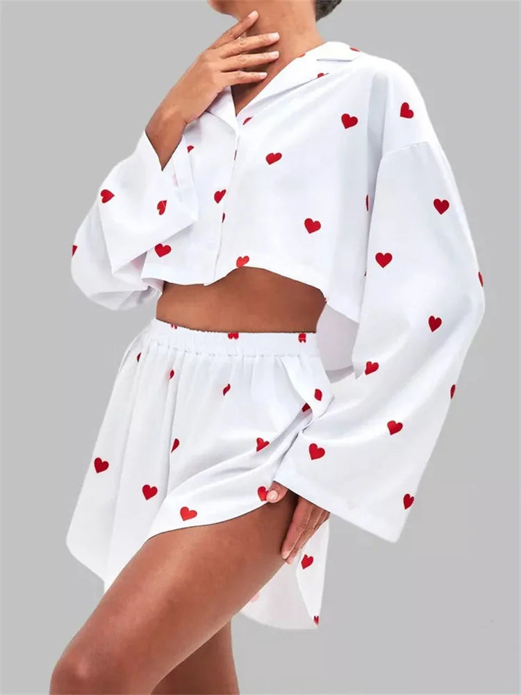 Loose 2 Piece-set Shorts Outfits ’s Patchwork V-neck Cropped Pullover and High Waist Shorts Female Sets