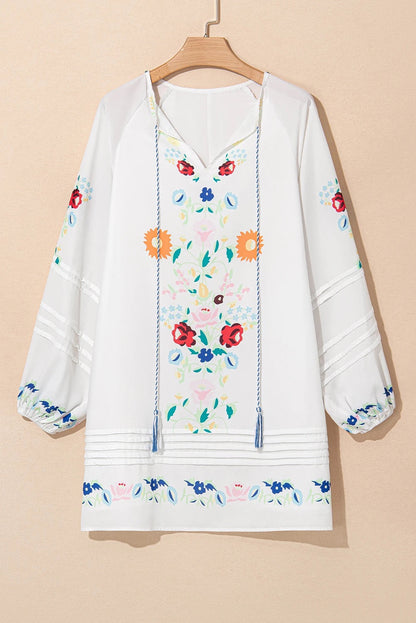 White Tassel Tie V Neck Mini Dress