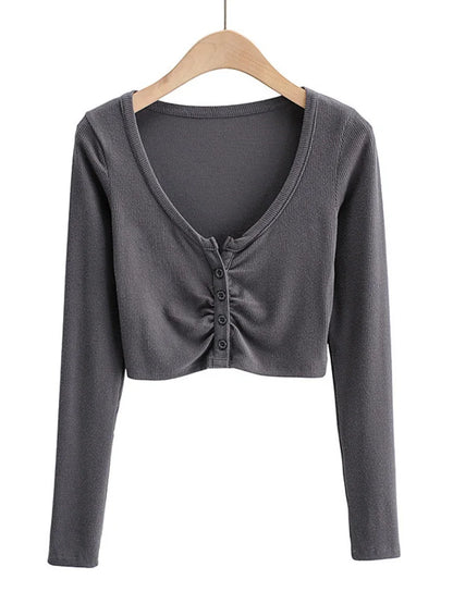 Slim V-neck Long Sleeve Bottomed Tops and Blouses High Street Color Open Navel Cardigan