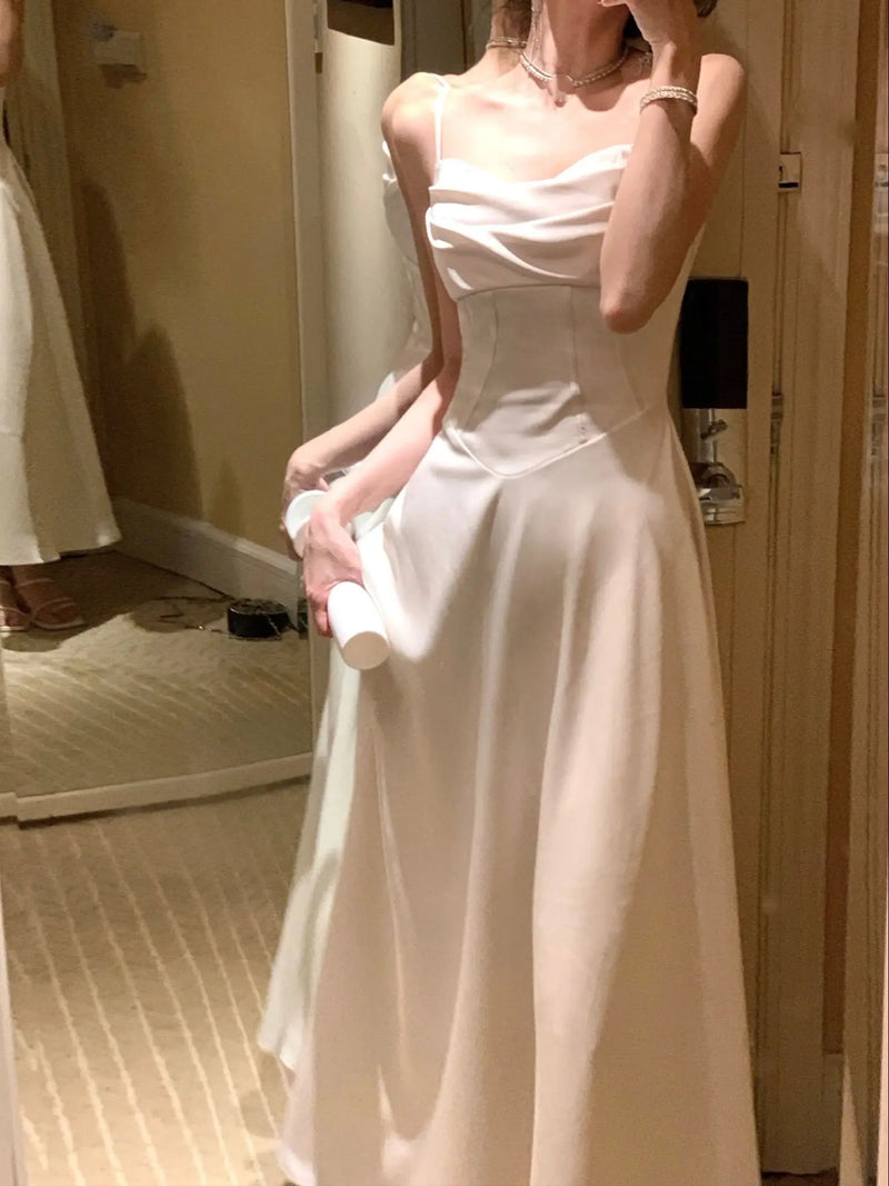 New Summer Satin Midi Dress Slim Spaghetti Strap Party Dresses Wedding Evening Birthday Backless Prom Robe Clothes