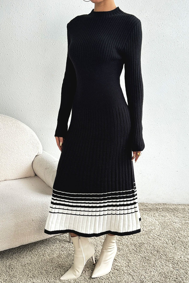 Black White Stripe Knit Pleated Midi Dress