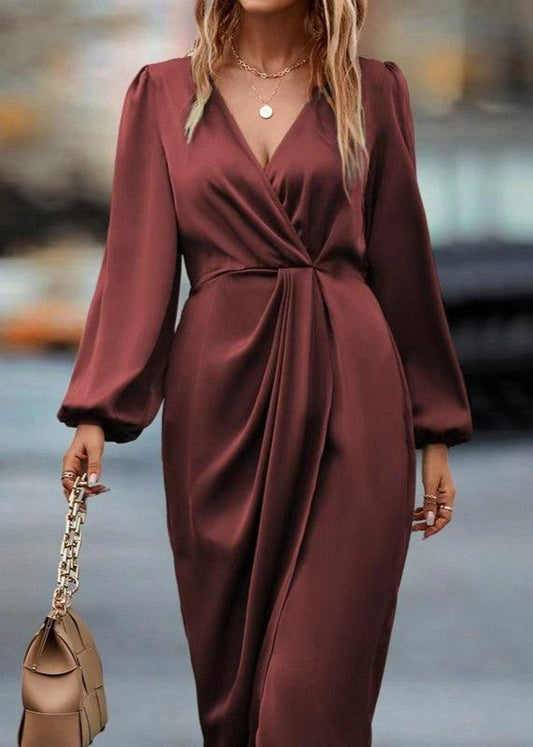 Red Draped V-neck Midi Dress