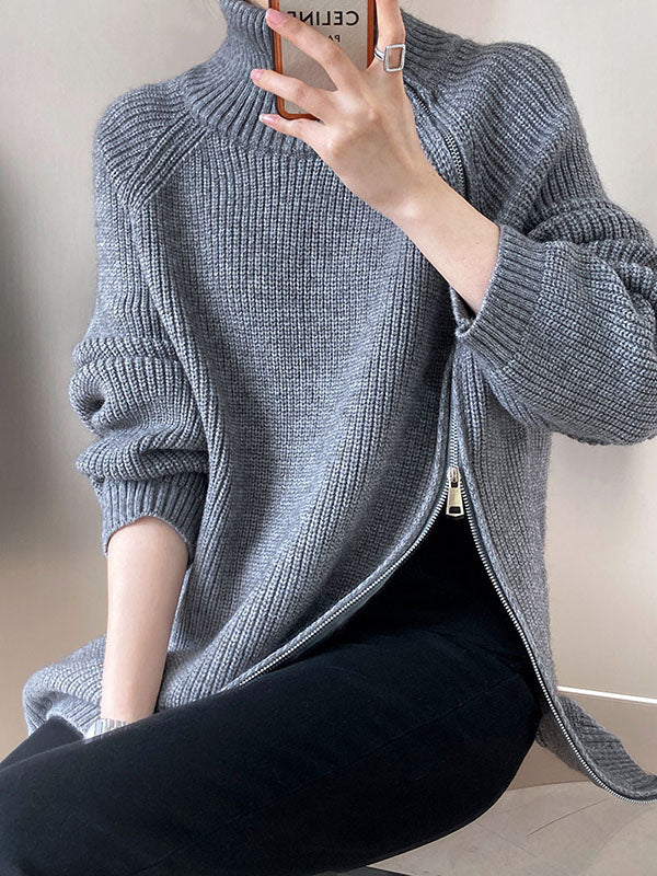 Urban Grey Halter-neck Split-side Zip-up Long Sleeve Sweater An1033