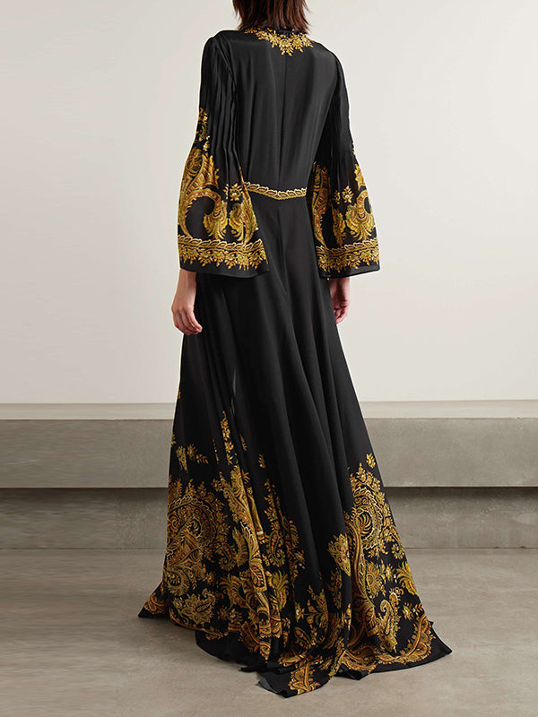 Flared Sleeves Loose Contrast Color Printed Split-front Maxi Dresses