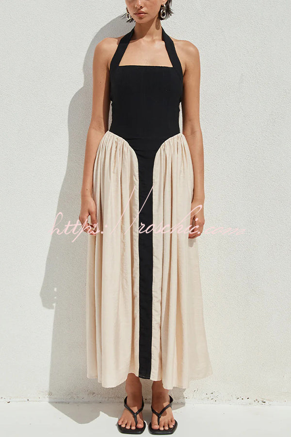 Contrast Color Stitching Sleeveless Backless Slim Maxi Dress