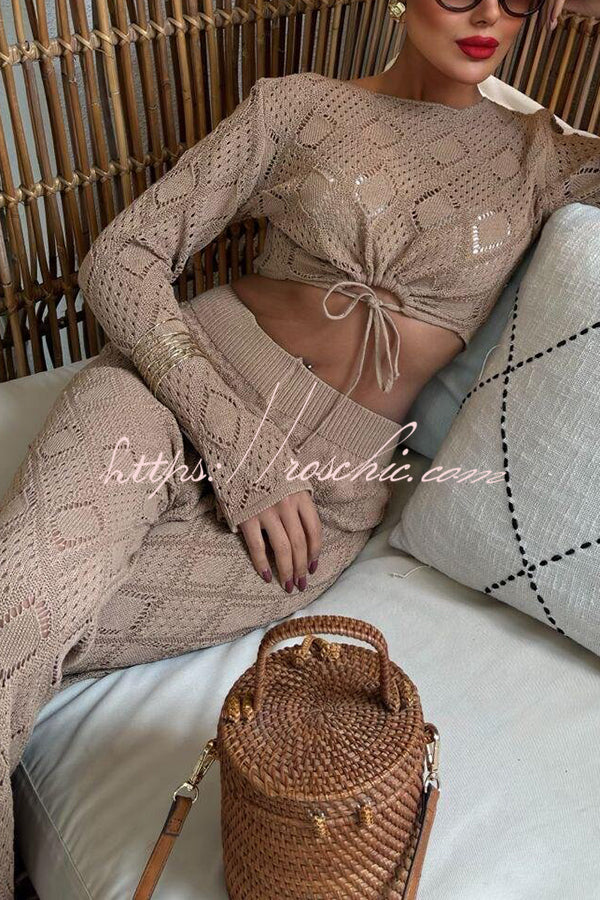 Color Hollow Short Long-sleeved Top and Stretch Wide-leg Pants Knitted Set