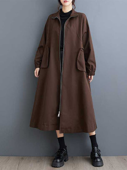 Retro Khaki High Neck Pockets Zip-up Long Sleeve Trench Coat Tw005